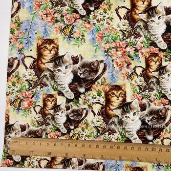 100x110 см мультяшный кот цветочная корзина Котенок Хлопчатобумажная ткань для детей Детские швейные платья ручной работы Дизайнерское лоскутное шитье