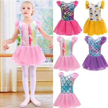 2022 Балетное платье для танцев с единорогом для девочек, летняя одежда с рюшами на рукавах, детский кружевной костюм принцессы для вечеринки по случаю Дня рождения, детские платья от 6 лет