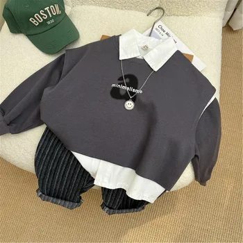 2023 Корейский детский осенний свитер + комплект рубашки Для мальчиков, красивая рубашка с лацканами и буквами, комплект из двух предметов