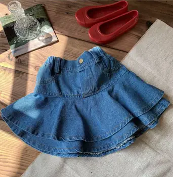 2023 Оптовая продажа Новых джинсовых юбок с оборками для девочек, летних модных хлопчатобумажных юбок для девочек 2-7 лет WW772