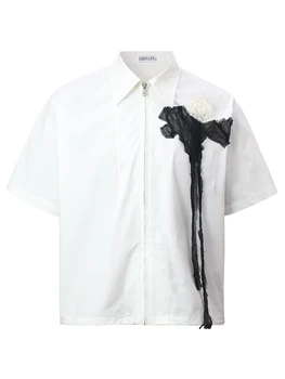 A2506, мужская и женская свободная универсальная рубашка-кардиган на молнии с марлевым узором в виде розы с коротким рукавом