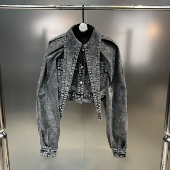 Absgd новинка весны 2023, дизайнерская джинсовая куртка с треугольным вырезом и длинными рукавами, крутая джинсовая куртка