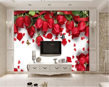 beibehang Большой интерьер, Настраиваемые шелковистые обои, простые лепестки красных роз, фон для телевизора, обои для стен, 3D бумага из папье-маше
