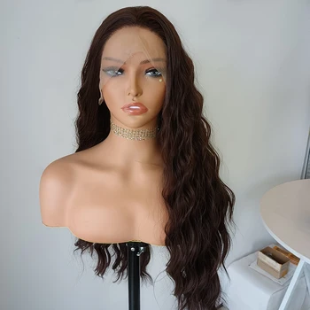 FANXITION Темно-коричневые синтетические парики с кружевом спереди для чернокожих женщин, парик из синтетических волос с длинной волной по телу, естественный парик для повседневной носки
