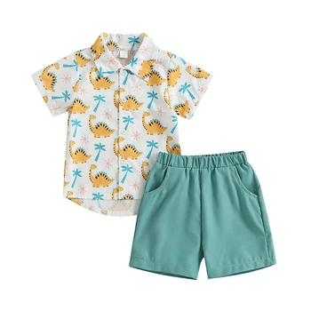 FOCUSNORM, комплекты одежды для джентльменов из 2 предметов для малышей и мальчиков, от 1 до 6 лет, рубашка на пуговицах с милым принтом динозавра, короткий рукав + шорты, комплект