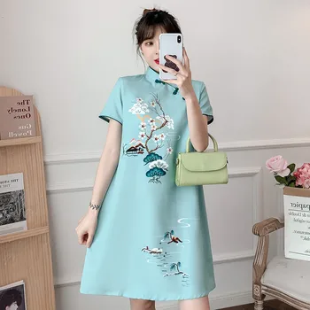 FZSLCYIYI Lake Blue, свободное модное современное платье Чонсам, женская одежда в традиционном китайском стиле ципао с коротким рукавом