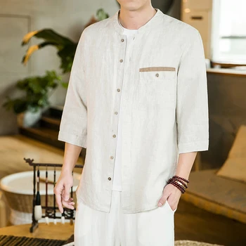 Hanfu Мужская Однотонная хлопчатобумажная льняная мужская рубашка В Китайском стиле, Мужская Повседневная Белая рубашка, Топ 2022, Летняя Мужская рубашка 5Xl