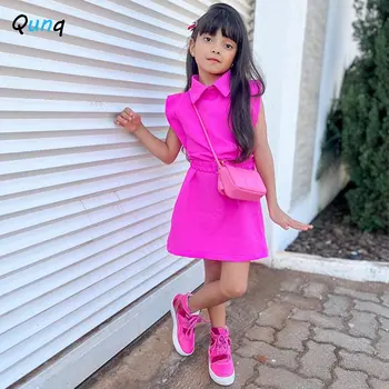 Qunq 2023 INS/ Летнее модное милое платье для девочек без рукавов с отложным воротником и втягиванием талии, повседневная детская одежда от 3 до 8 лет