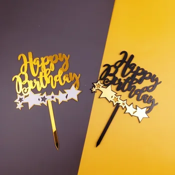 Акриловое Золотое черное Украшение торта с Днем Рождения Звездные украшения для детского женского торта на День рождения