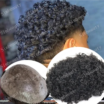 Афроамериканский парик 12 мм Черный как смоль Афро Вьющиеся мужские парики Из человеческих волос Прочный мужской протез из искусственной микрокожи