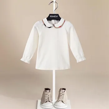 Белая клетчатая рубашка с кукольным воротником, пуловеры с круглым воротником и длинными рукавами для маленьких девочек, весна-осень, нижняя рубашка для маленьких девочек, детская