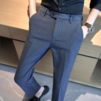 Весна 2023, Деловые Повседневные брюки с высокой талией, Мужские Вечерние брюки в полоску, Высококачественные Мужские Официальные Офисные брюки для светского костюма