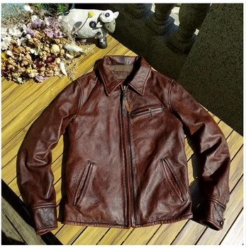 высокое качество, новый люксовый бренд 2023 года, реальная доставка.Выстиранная винтажная коричневая куртка из воловьей кожи.Крутая приталенная куртка motor Rider из натуральной coat.Re