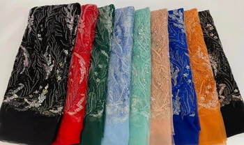 Высококачественная сетчатая кружевная ткань в Нигерийском стиле 2023, Африканская вышитая бисером Сетчатая ткань, Женские блестящие пайетки для одежды Синего цвета В продаже