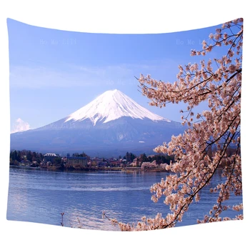 Гора Фудзи, цветущая сакура, Япония, озеро, дерево, цветы, Природная сцена, Чудо архитектуры, эстетичный настенный декор, гобелен