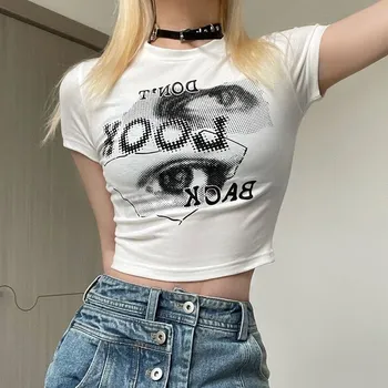 Готическая эстетическая женская футболка, летняя футболка с графическим принтом в стиле гранж, Короткий топ в стиле 90-х, одежда, Y2k, тонкий укороченный топ, винтаж