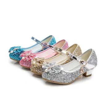 Детская обувь принцессы, Кожаные сандалии Золушки для маленьких девочек, Снежная королева, праздничная обувь с большим бантом, блестящие туфли-лодочки