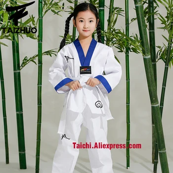 Детская форма для тхэквондо Tae Kwon Do для Пумсе и тренировок, Форма WTF, белого цвета 110-155 см С синей каймой, вышивка сзади