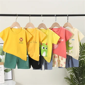 Детская хлопковая одежда с короткими рукавами, костюм для мальчиков и девочек, Корейская летняя футболка с героями мультфильмов, шорты, комплект детской одежды от 0 до 4 лет