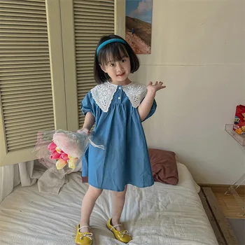 Джинсовое платье для маленьких девочек, повседневная одежда для детей, длинная блузка с кружевным воротником, летняя одежда