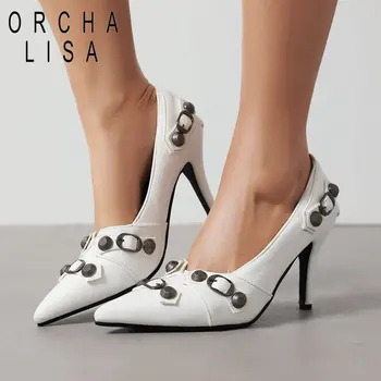 Дизайнерская женская обувь ORCHA LISA с острым носком на тонком каблуке 9 см, офисные женские туфли-лодочки с металлическим украшением, большие размеры 42 43, сексуальная вечеринка