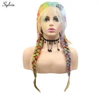Женские синтетические парики на кружеве Sylvia Long, Плетеные парики, парик в две косички, натуральная линия роста волос с волосами младенца, Красочный парик радуги