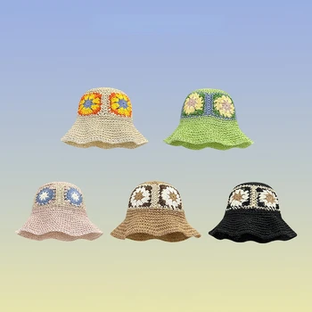 Женские соломенные шляпы, вязаные крючком, полая шляпа с цветочным узором, панамы, солнцезащитный козырек с защитой от ультрафиолета, пляжная кепка-ведро, складная женская летняя шляпа от солнца