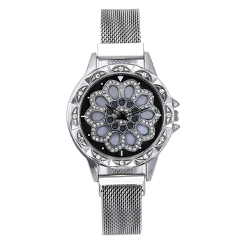 Женские часы с сетчатым магнитом, вращающийся на 360 градусов циферблат, женские часы класса Люкс, модные кварцевые часы с бриллиантами для женщин, часы Relogio Femino