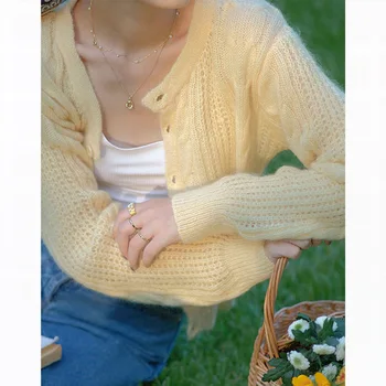 Женский однобортный вязаный кардиган из мохера, осенние топы свободного кроя, повседневные желто-белые свитера с длинными рукавами.