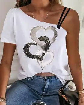 Женский топ 2023, летняя новинка, модная футболка с асимметричным вырезом и принтом в виде сердца на одно плечо, универсальная базовая футболка