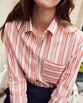 Женский топ-рубашка Elfbop из розового хлопка с длинным рукавом в контрастную полоску - последняя женская блузка-рубашка 2018 г.