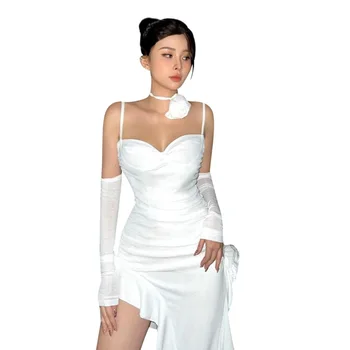 Женское Белое платье с 3D Цветочными Оборками, V-образный вырез, Сексуальное, Тонкое, Неправильной формы, Однотонное, Короткие платья, Праздничная вечеринка, Клуб, Элегантное