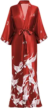 Женское свадебное платье с принтом Crane, женское кимоно, халат, женское свадебное платье, Свободная Мягкая атласная ночная рубашка, пижамы с V-образным вырезом, Длинная новинка, ночное белье