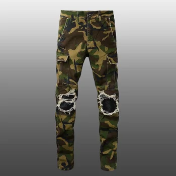 Зеленые прямые армейские джинсовые брюки-карго с карманами, мужские джинсы в стиле пэчворк с камуфляжным принтом Для Homme Pantalones De Mezclilla