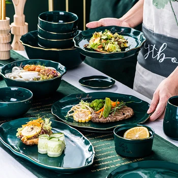 Зеленый набор керамических тарелок из Пномпеня кухня ресторан поднос для стейка керамическая тарелка чашка ложка набор керамических тарелок
