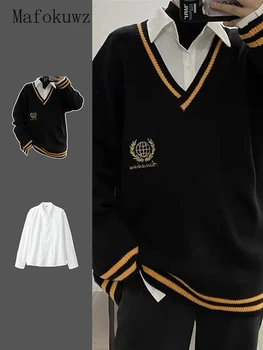 Зимний свитер Mafokuwz с V-образным вырезом, пуловер для любителей корейских трендов, топ + Однотонная рубашка с длинным рукавом + черные брюки, студенческая форма, костюмы