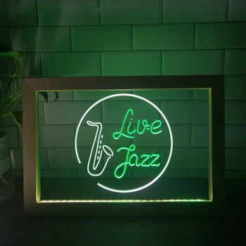 Комната живой джазовой музыки, Двухцветная Светодиодная Неоновая Вывеска, Фоторамка, Креативная Настольная лампа, деревянный 3D ночник для спальни