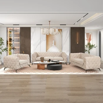 Комплекты диванов из 3 предметов на прочных металлических ножках, диваны с бархатной обивкой, мебель для гостиной, бежевый