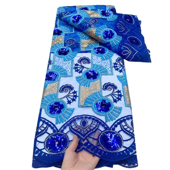 Красивая синяя африканская кружевная ткань с пайетками, африканская кружевная ткань, 5 ярдов, Нигерийский французский тюль, кружевная ткань для свадьбы T189