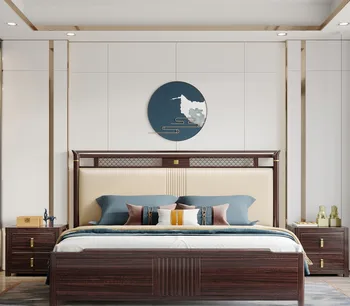 Кровать из массива черного дерева, легкая Роскошная Главная спальня в стиле дзен, Двуспальная кровать, Мягкая спальня