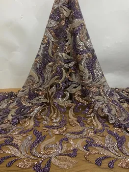 Кружевная ткань из тюля с пайетками ручной работы в нигерийском стиле 2023 Высококачественная Роскошная Африканская кружевная ткань из бисера для свадебных вечерних платьев