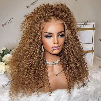 Кудрявые индийские человеческие волосы Remy средней золотисто-коричневой плотности 250 13x6 Кружевной парик спереди для чернокожих женщин, предварительно выщипанный 360 Кружевной парик спереди