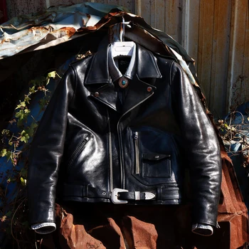 Лацканы кожаного пальто мотоциклиста из итальянской толстой воловьей кожи JW02D с карманами