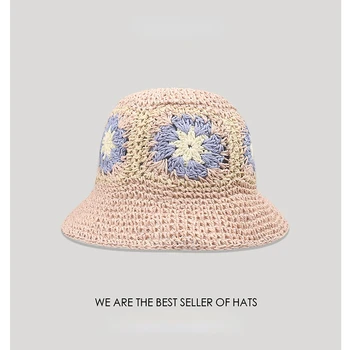 Летние женские соломенные шляпы-ведра с цветами, связанные вручную крючком, Складная шляпа-горшок, защита от ультрафиолета, пляжная шляпа для рыбалки, отпуска.
