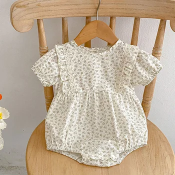 Летний комбинезон для новорожденных девочек из хлопка с короткими рукавами и цветочным принтом, комбинезон для маленьких девочек 0-24 м, Детская одежда