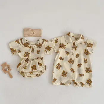 Летняя детская одежда 2023 года, комбинезон с отложным воротником для мальчиков, комбинезон с короткими рукавами Или футболки с мишками для маленьких девочек и шорты, костюмы
