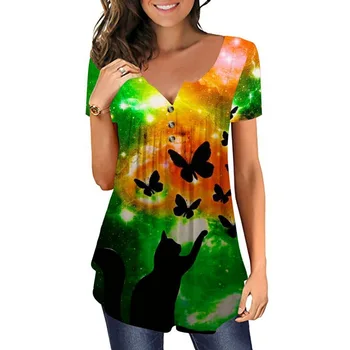 Летняя новая женская футболка с круглым вырезом и коротким рукавом с 3D цветочным принтом, персонализированный модный кот, универсальная повседневная футболка Y2K