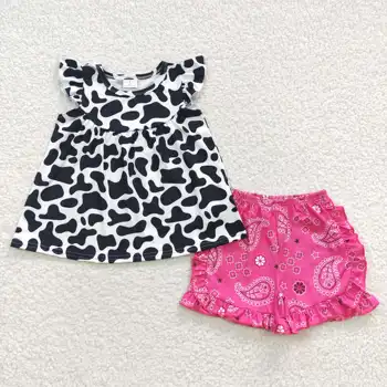 Летняя одежда для маленьких девочек GSSO0300, топ с развевающимися рукавами и шорты, комплект детской одежды из 2 предметов