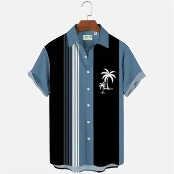 Линия Мужская рубашка с принтом кокосовой пальмы Повседневная дышащая гавайская одежда с коротким рукавом для летних каникул, Пляжная клубная одежда, топы