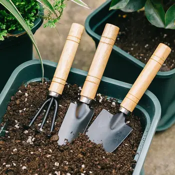 Лопата с трезубцем с деревянной ручкой для дома, большой черный садовый мини-набор из трех предметов, лопата для сочной рыхлой почвы